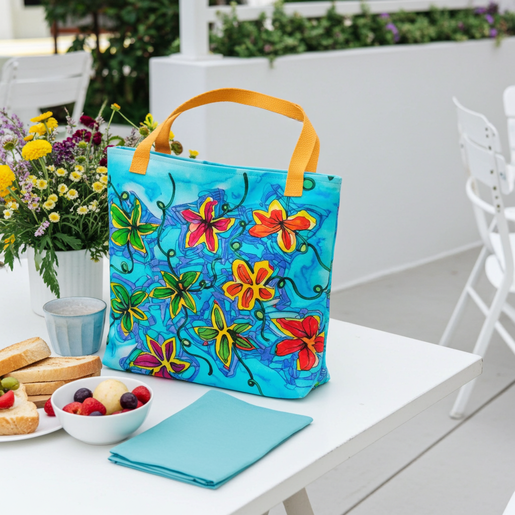 Colorful Flower Patch Tote bag with orange handles on white table outdoors