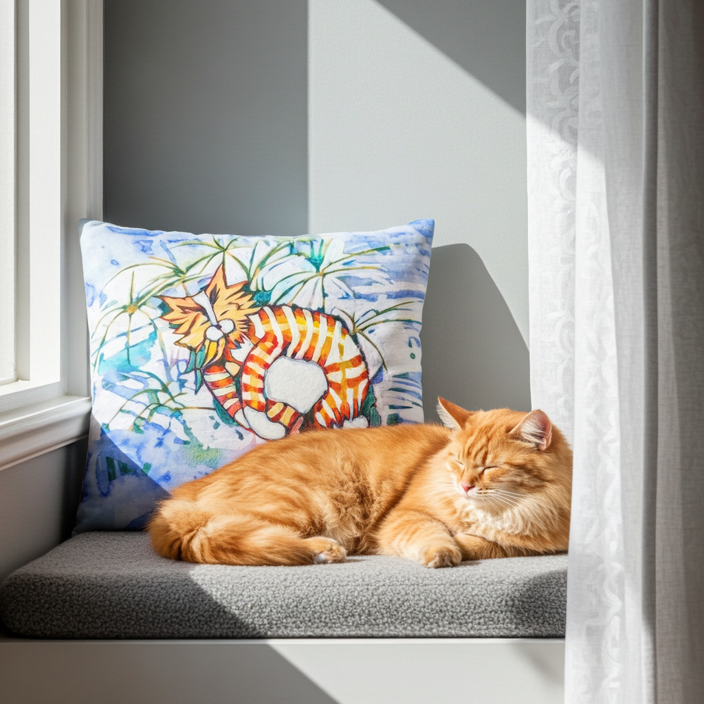 Orange Tabby Cat Pillow with artwork by Joy Calonico on a window seat next to a sleeping orange tabby cat