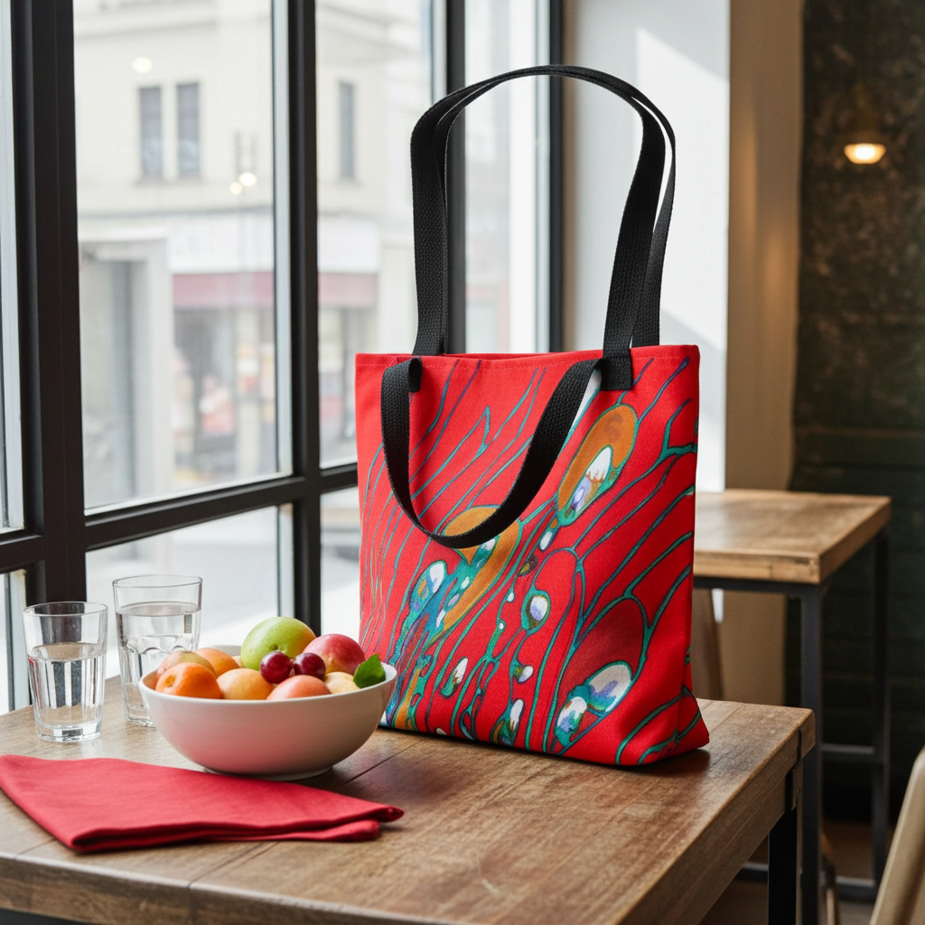 August Abstract Tote Bag with vibrant red abstract artwork and black cotton handles on wooden table near window