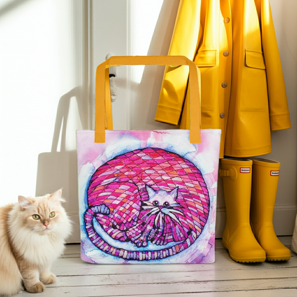 Big Pink Cat Tote Bag with colorful cat artwork, yellow handles, next to yellow raincoat and boots, and a cream-colored cat on wooden floor