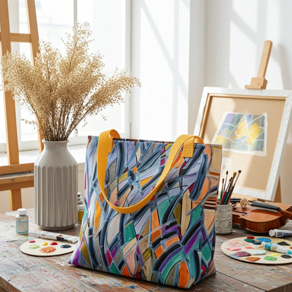 Sydney Opera Abstract Tote Bag with colorful abstract artwork by Joy Calonico, yellow handles, and spacious design, displayed on an artist's table.