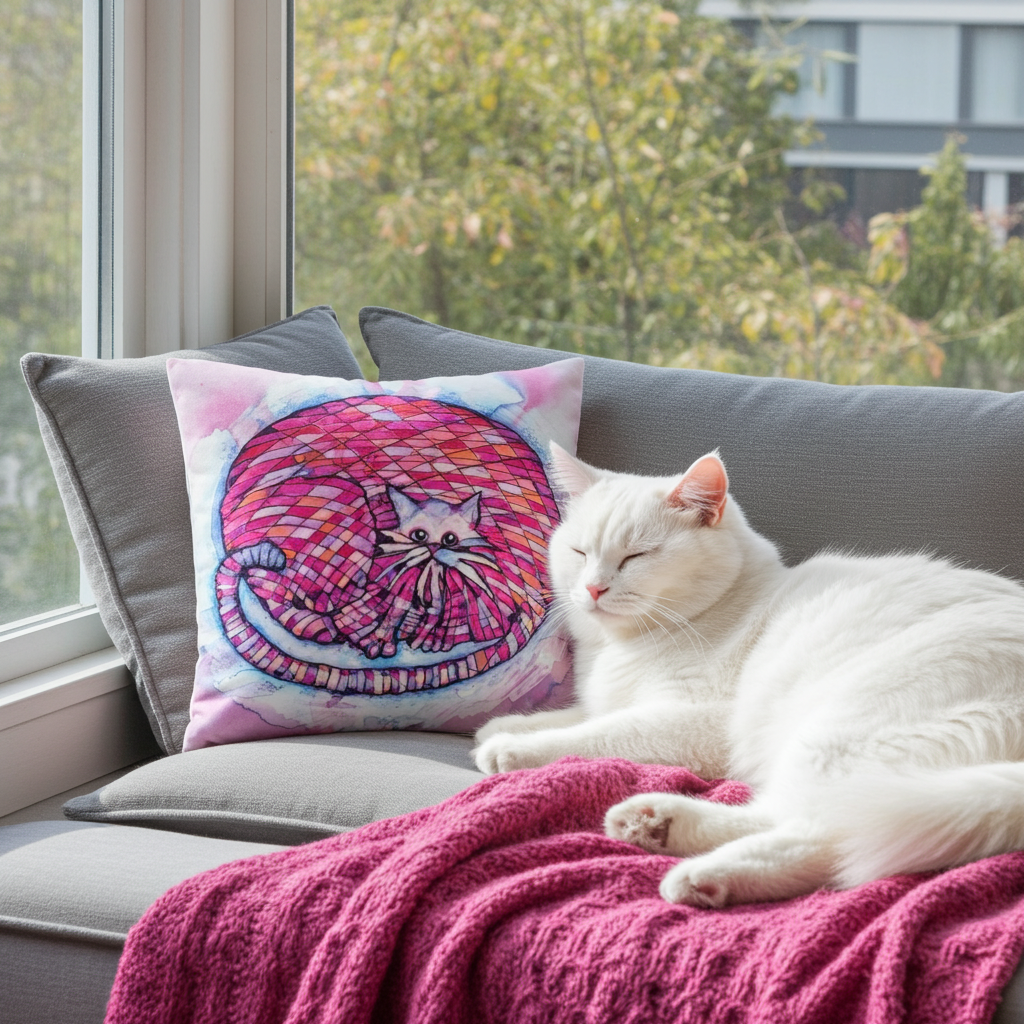 Big Pink Cat Pillow with colorful cat artwork on couch next to white cat and pink blanket