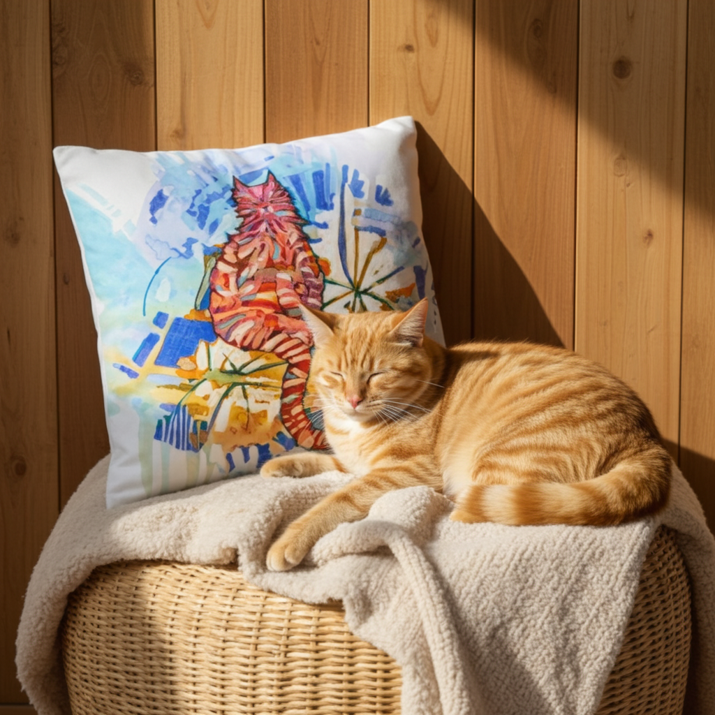 Garden Cat Pillow with colorful cat artwork by Joy Calonico next to a sleeping orange tabby cat on a wicker stool with blanket in natural light