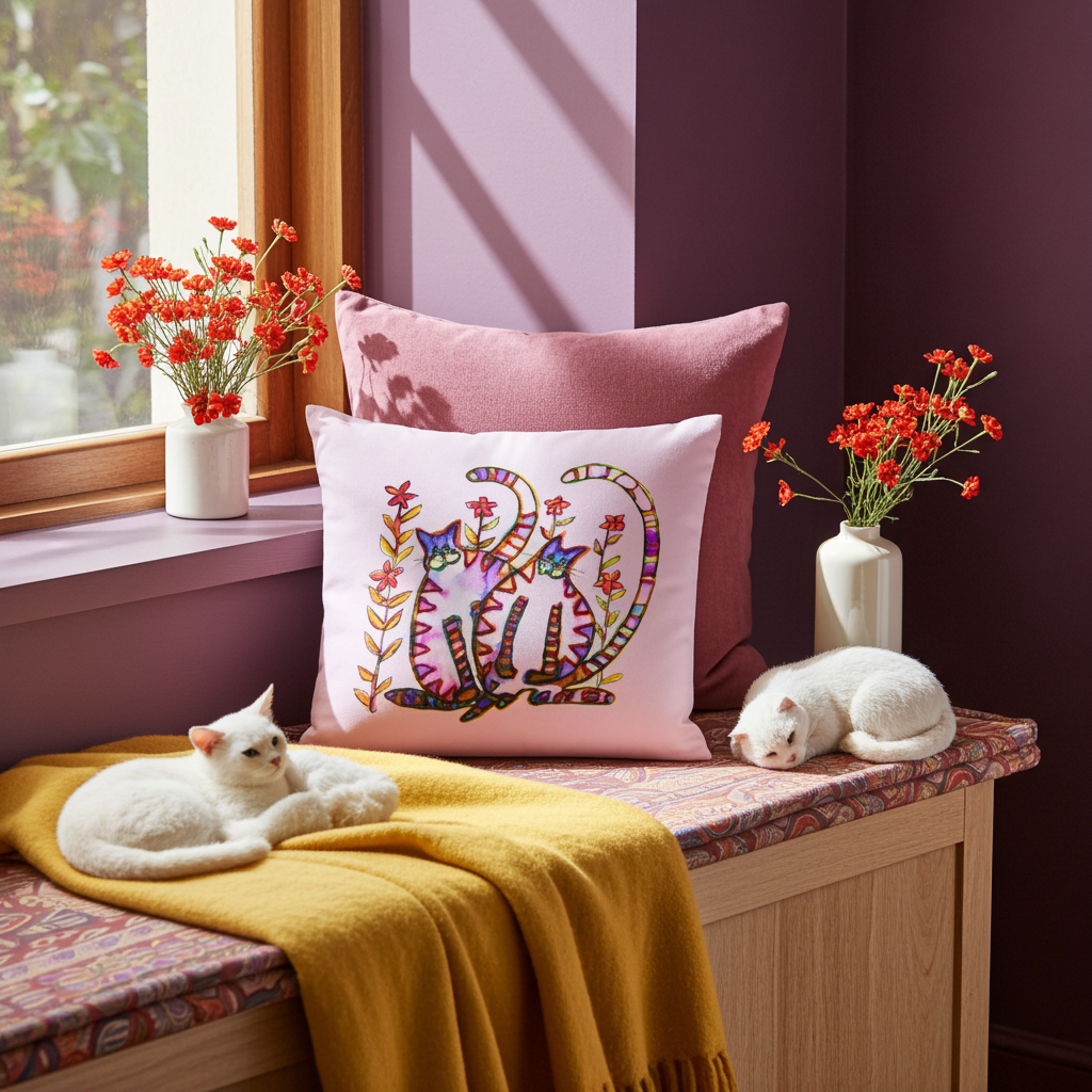 Two Cats Pink Pillow with colorful cat artwork on a soft pink cushion, displayed on a cozy bench with white cats and flowers nearby