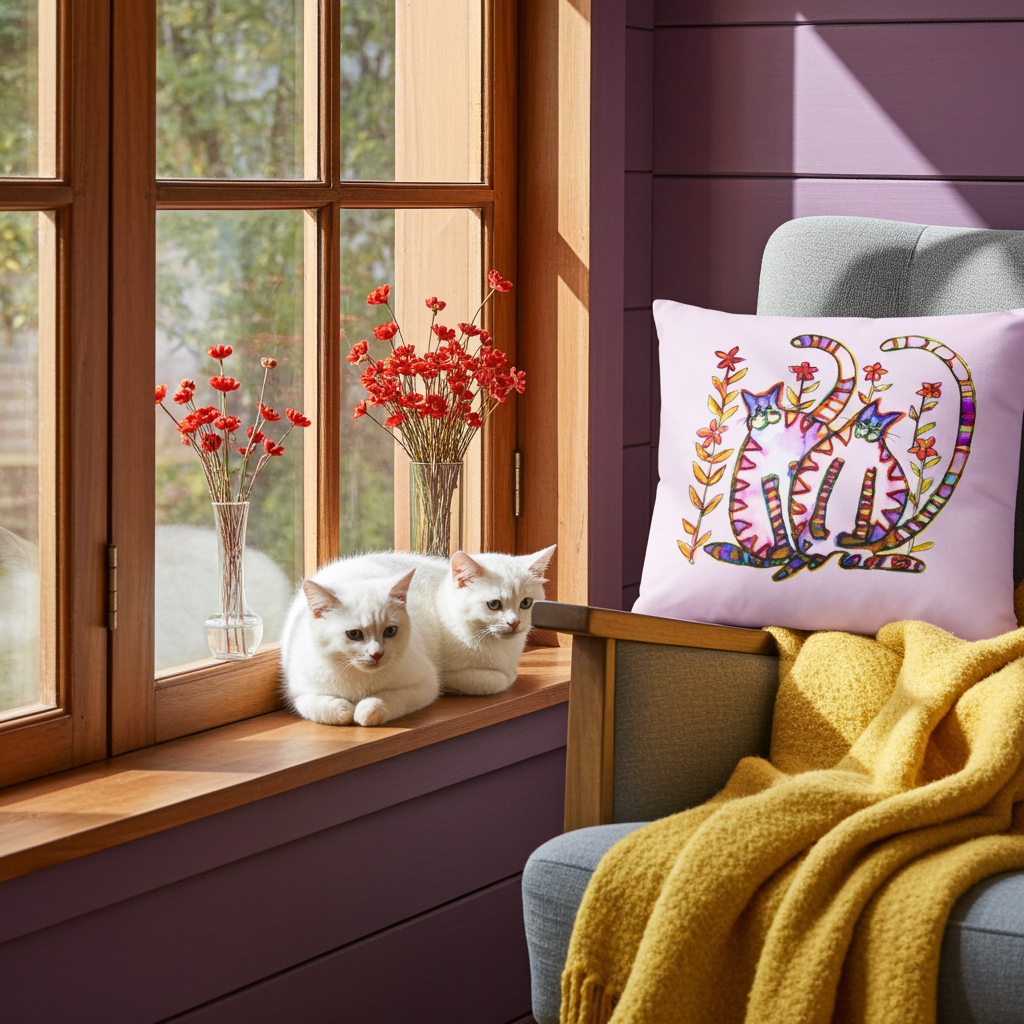 Two Cats Pink Pillow with colorful cat artwork on a lavender background on a grey armchair next to a yellow blanket and window with natural light