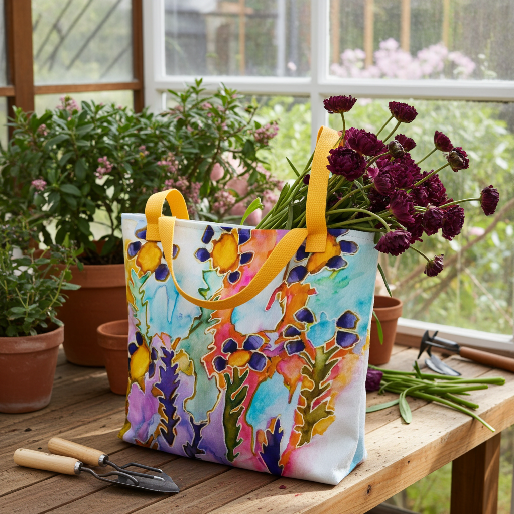 Dark Blooms Abstract Tote Bag with colorful floral design and yellow handles on wooden table with gardening tools and purple flowers inside.