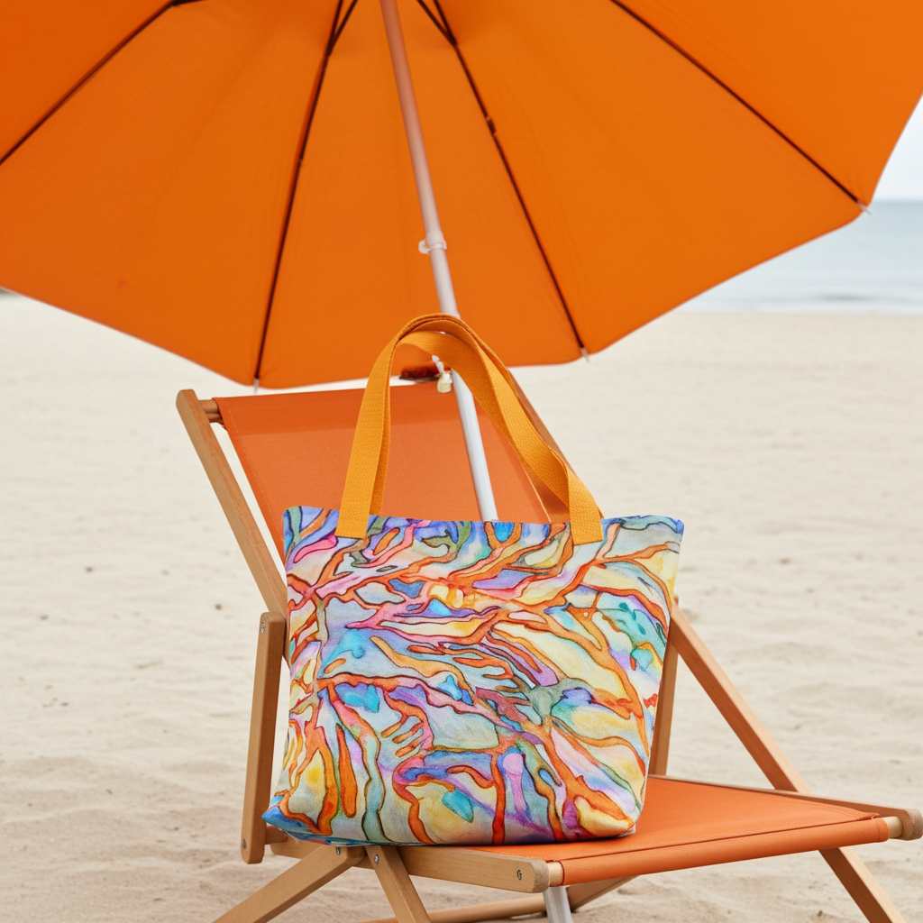 Colorful coral reef abstract tote bag on orange beach chair under matching umbrella at sandy beach