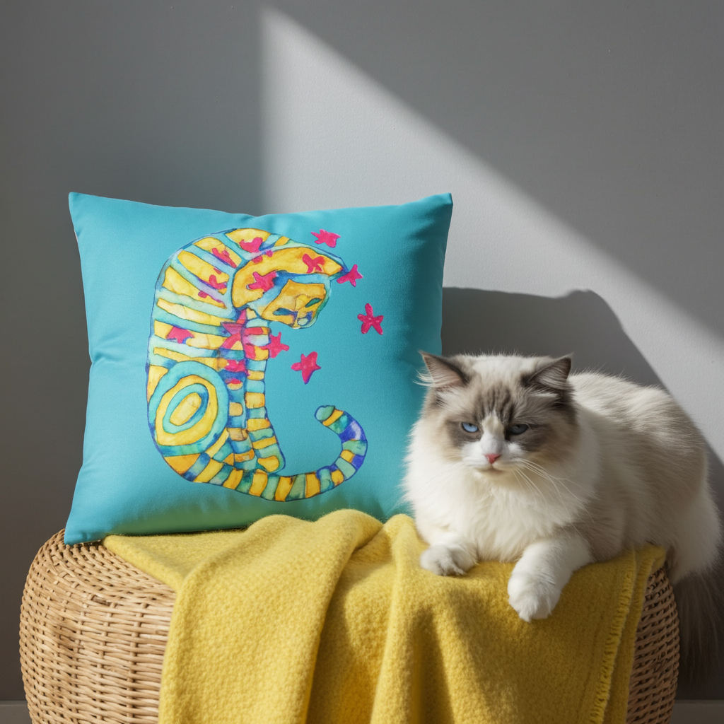 Dreamer Cat Pillow with colorful cat artwork on blue fabric beside a fluffy white cat on yellow blanket
