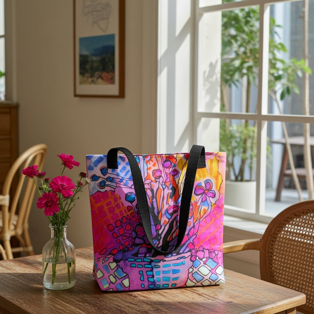 Flower Abstract Tote Bag with colorful floral design and black handles on wooden table near window