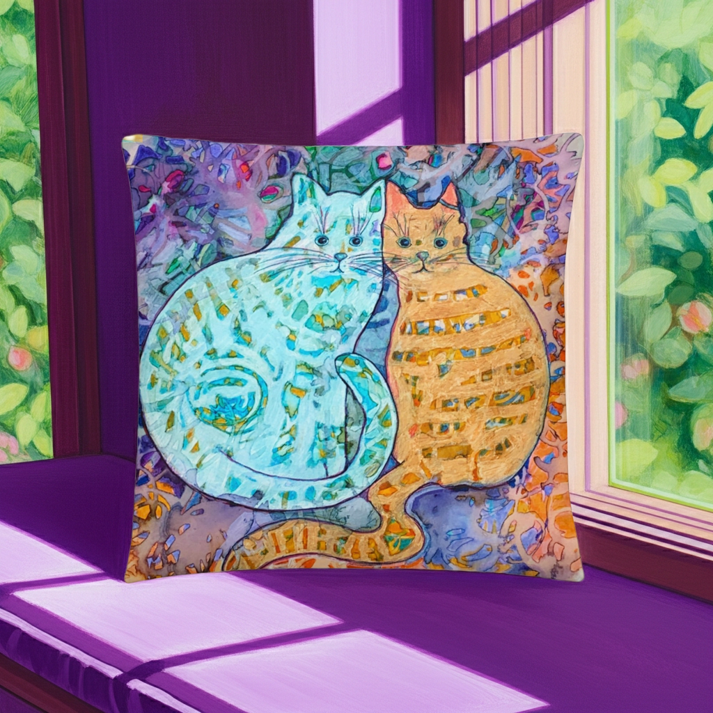 Cat Friends Pillow featuring colorful artwork of two cats, soft polyester fabric, machine-washable cover with hidden zipper.