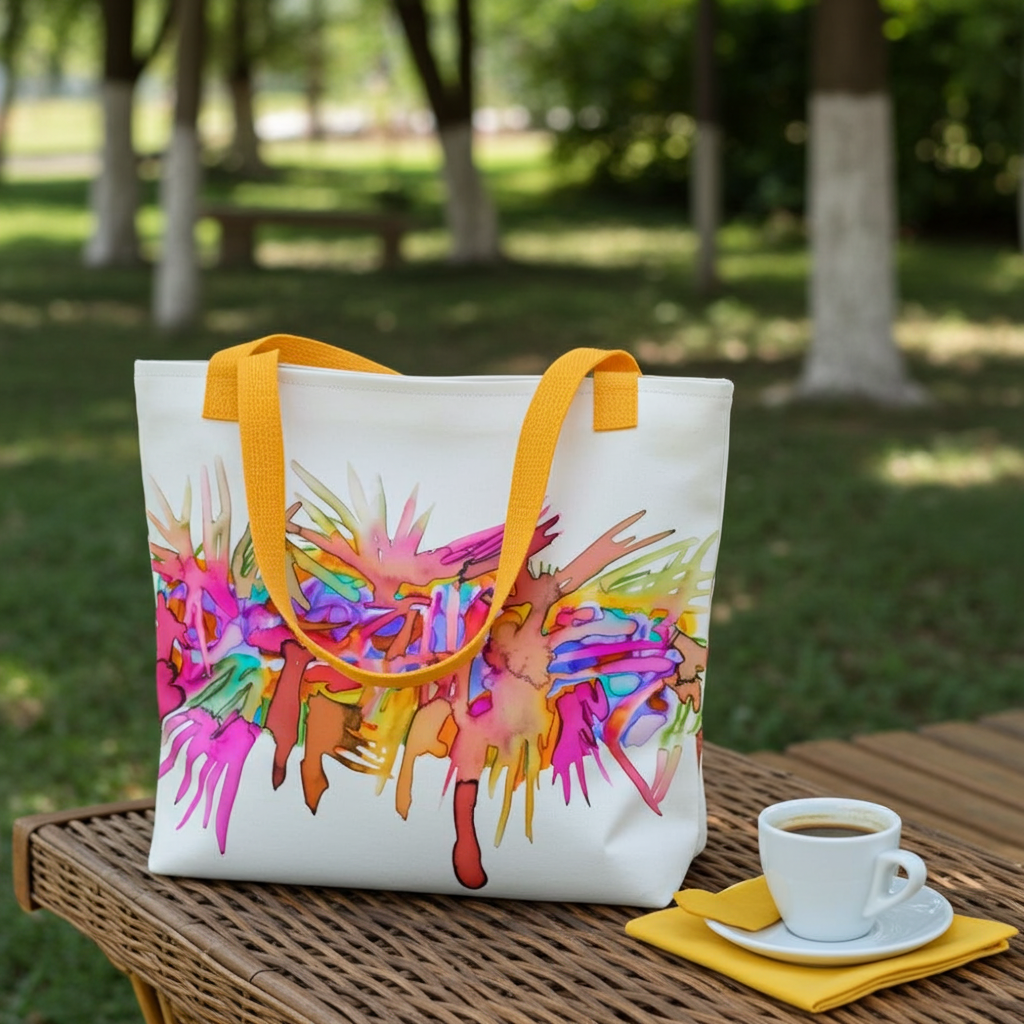 Caterpillar Abstract Tote Bag with colorful abstract artwork and yellow handles on outdoor table with coffee cup