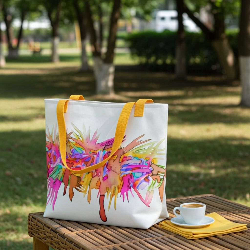 Caterpillar Abstract Tote Bag with colorful abstract design and yellow handles on outdoor table next to coffee cup