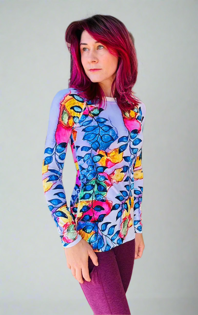 Women's royal blue leaves abstract sun shirt with long sleeves and slim fit design