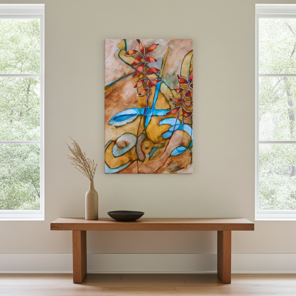 Teal Ribbon Leaves Canvas Print Unframed