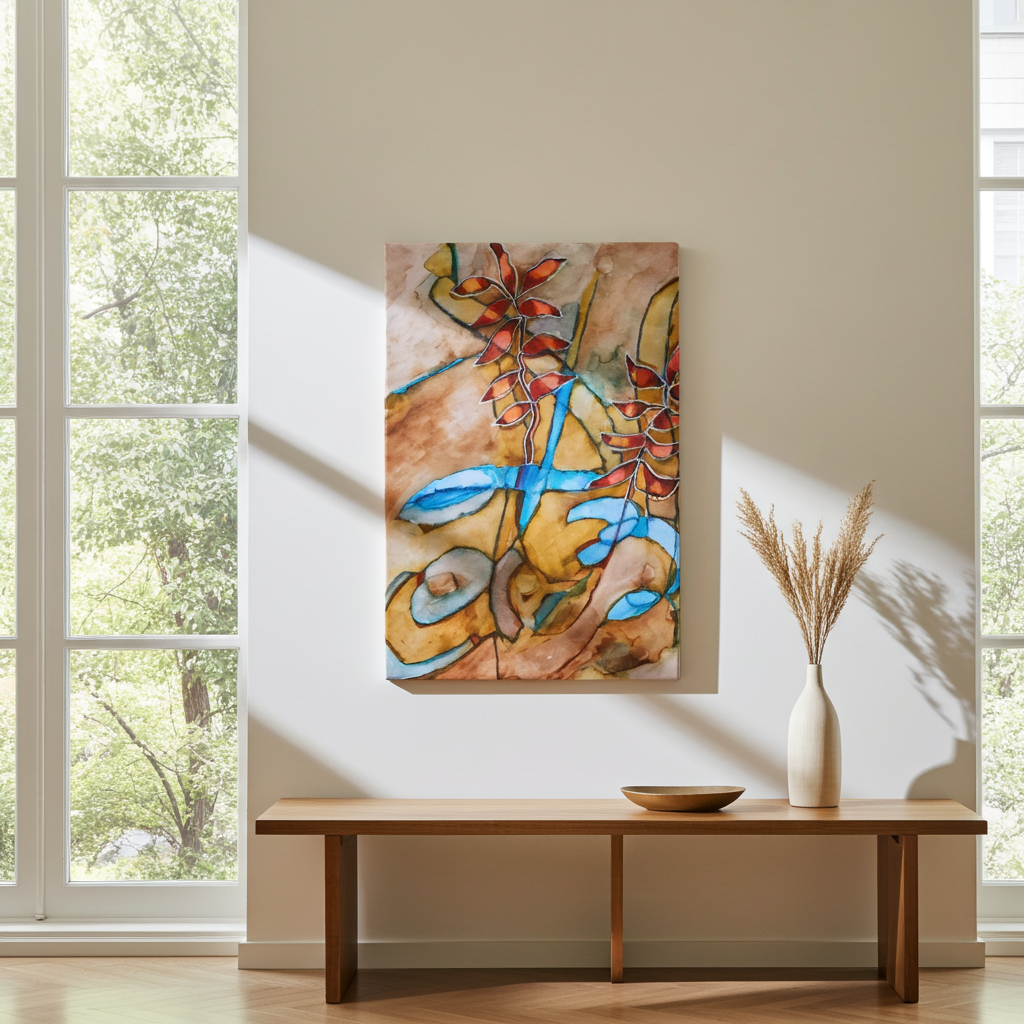 Teal Ribbon Leaves Canvas Print Unframed