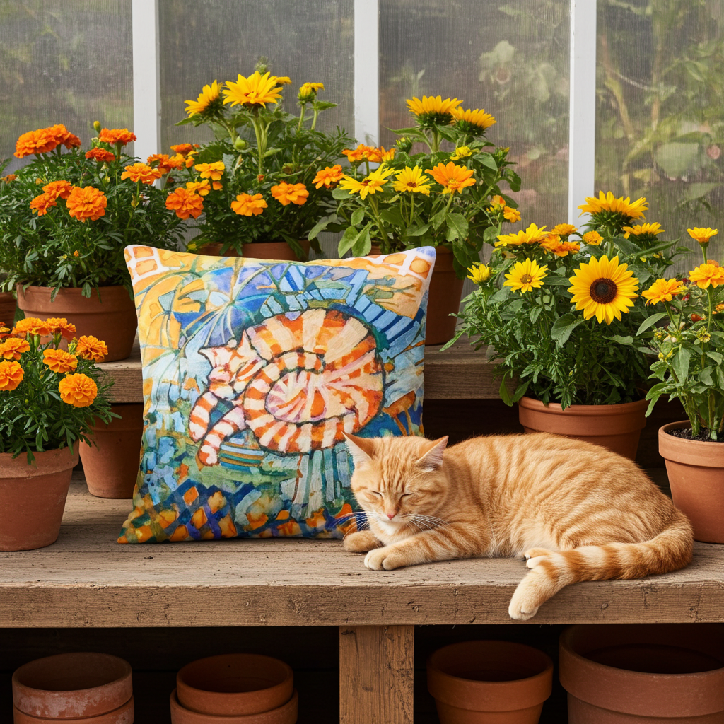 Sleeping ginger cat pillow featuring artwork by Joy Calonico next to a real sleeping ginger cat among potted yellow and orange flowers