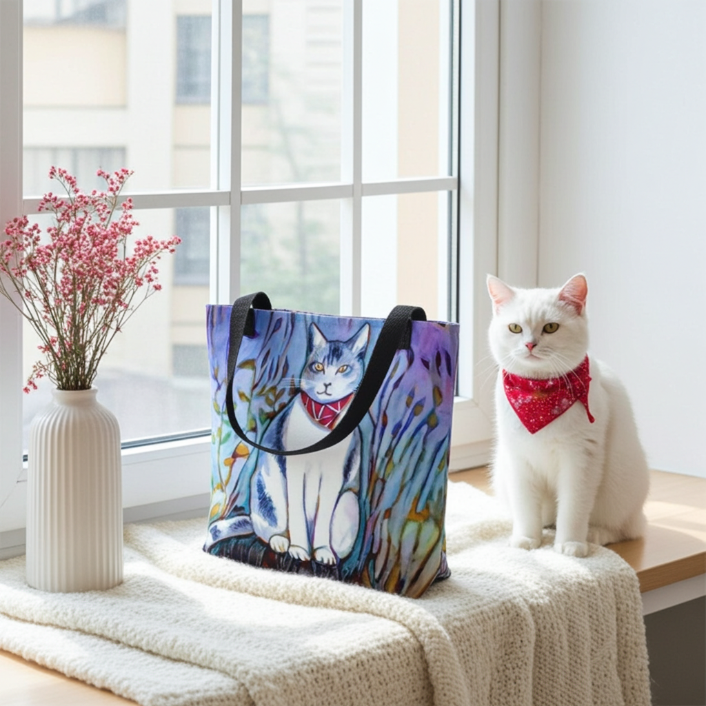Cat in Scarf Tote bag featuring artwork of a cat wearing a scarf, displayed next to a white cat with a red scarf on a cozy windowsill.
