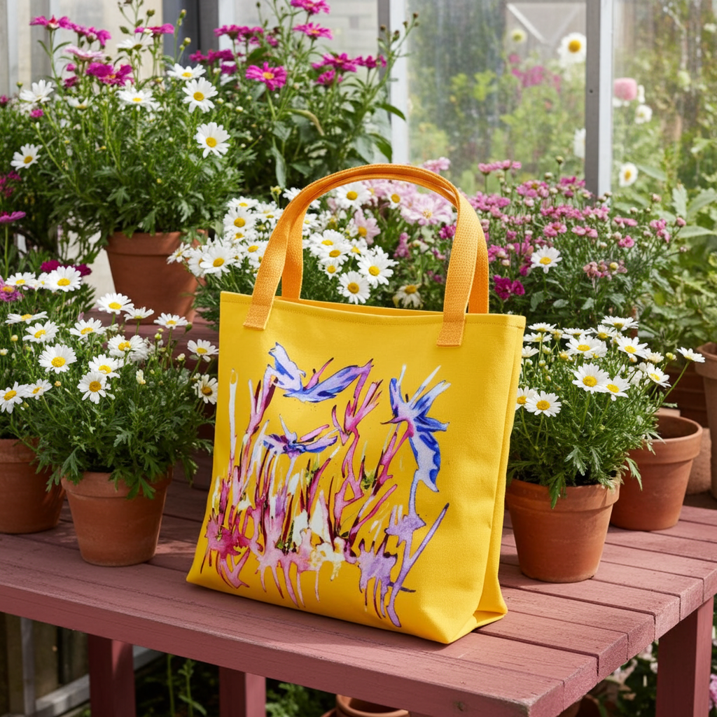 Yellow tote bag with blue butterfly abstract artwork by Joy Calnico among flower pots