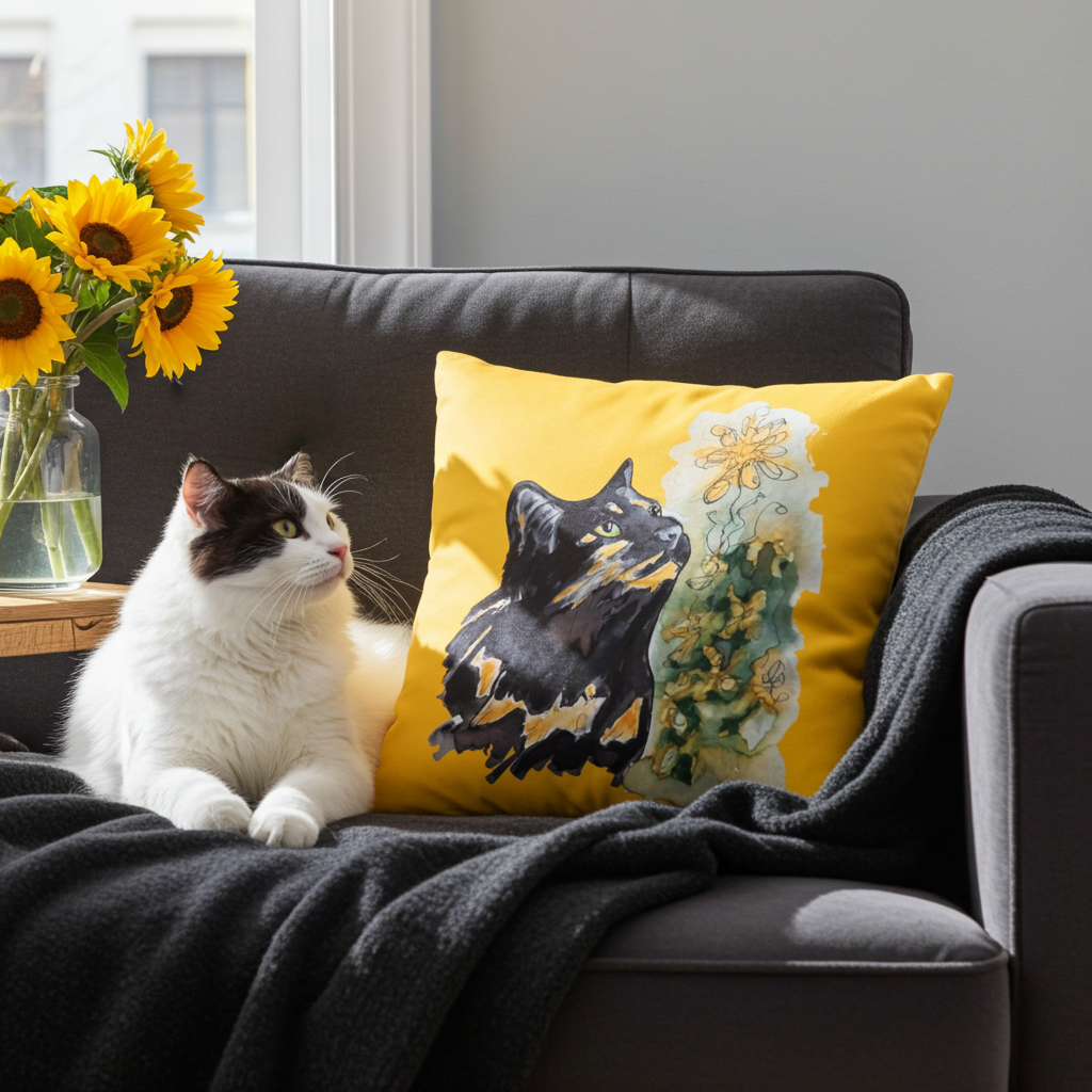 Calico Cat Yellow Pillow