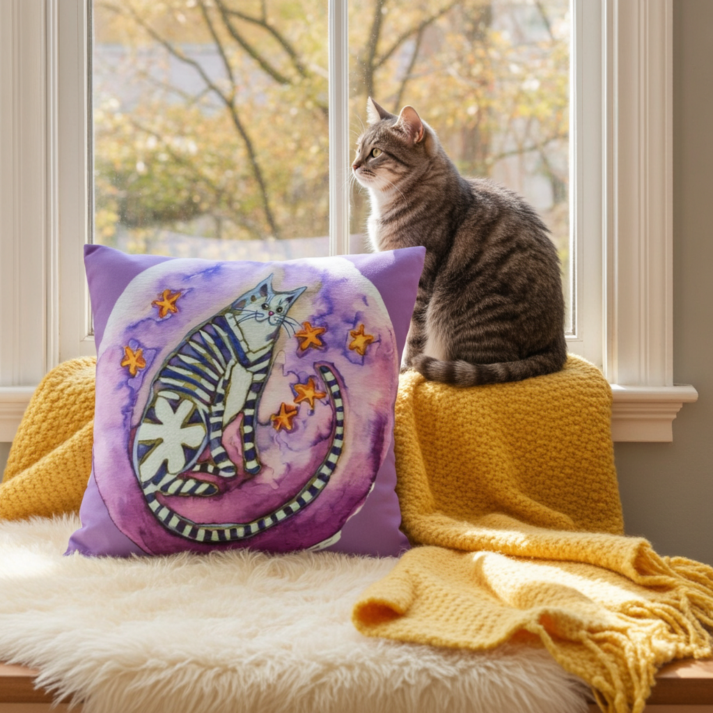 Striped Cat Moon Pillow with whimsical cat artwork on purple background placed next to a real striped cat on yellow blanket by window