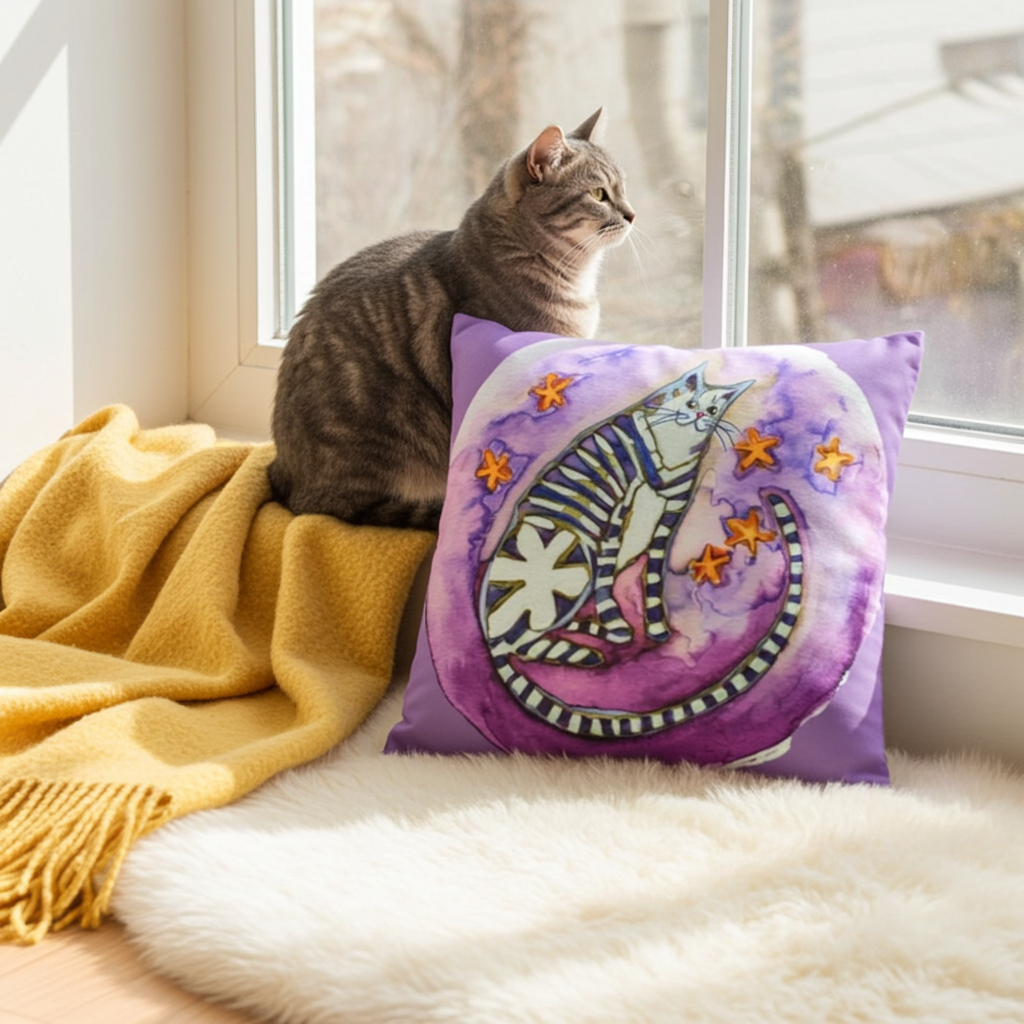 Striped Cat Moon Pillow with whimsical cat design on purple background next to a gray tabby cat by window with yellow blanket