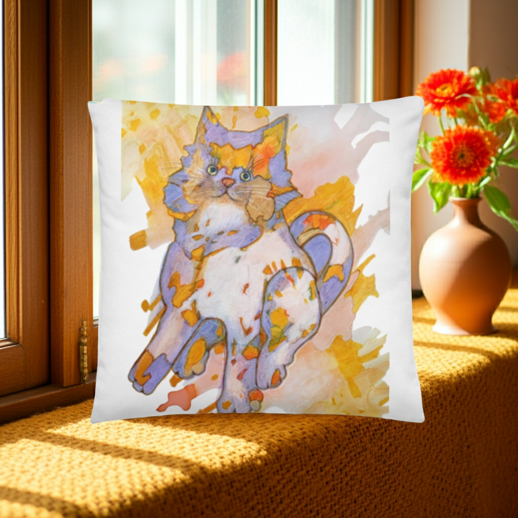Fluff Cat Pillow with colorful cat artwork by Joy Calonico on soft, machine-washable polyester fabric.