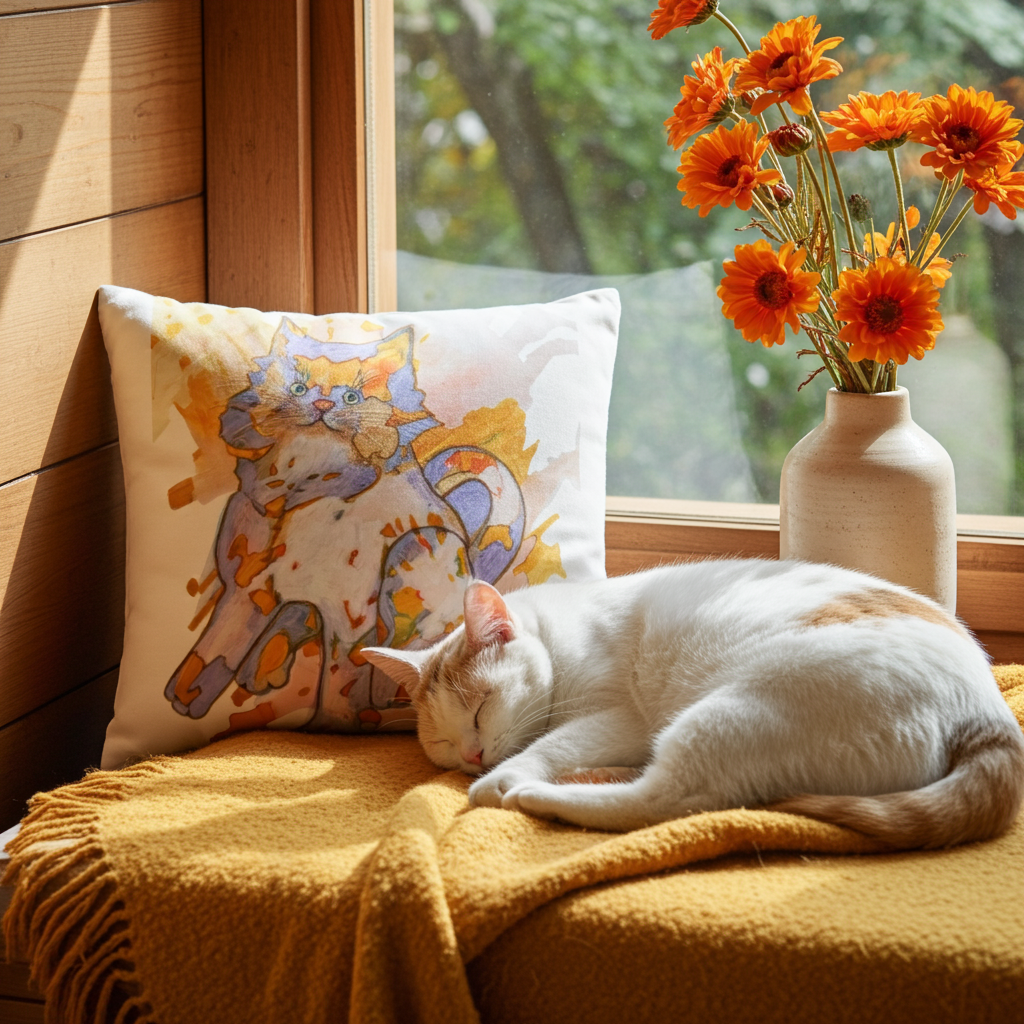 Fluff Cat Pillow with colorful cat artwork by Joy Calonico on window seat with sleeping white cat and orange flowers.