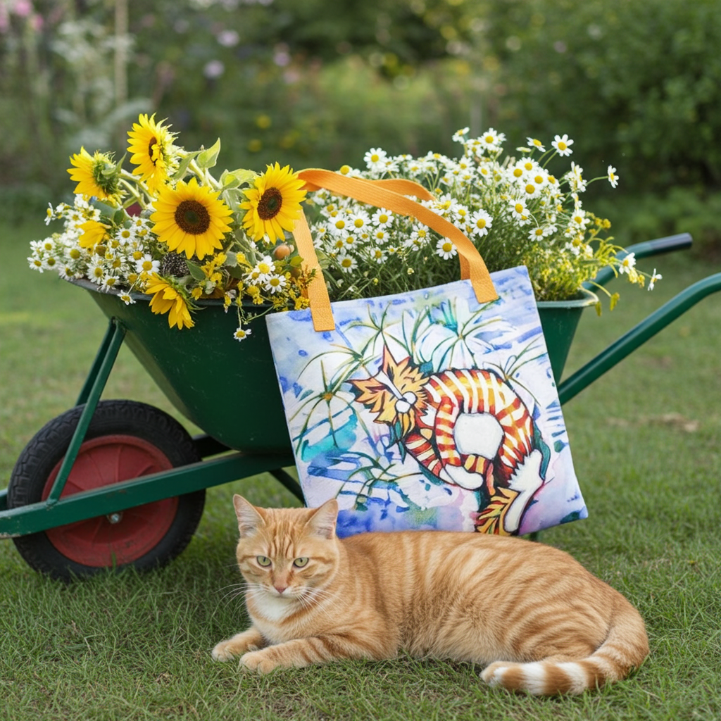 Orange Tabby Cat Tote Bag with artwork by Joy Calonico, featuring an orange cat design and orange handles, placed outdoors near a wheelbarrow with sunflowers and daisies, with a real orange tabby cat lying on grass.