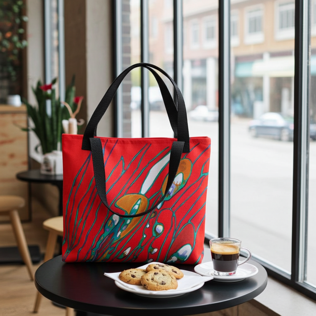 August Abstract Tote Bag with colorful abstract art and black handles on table with coffee and cookies
