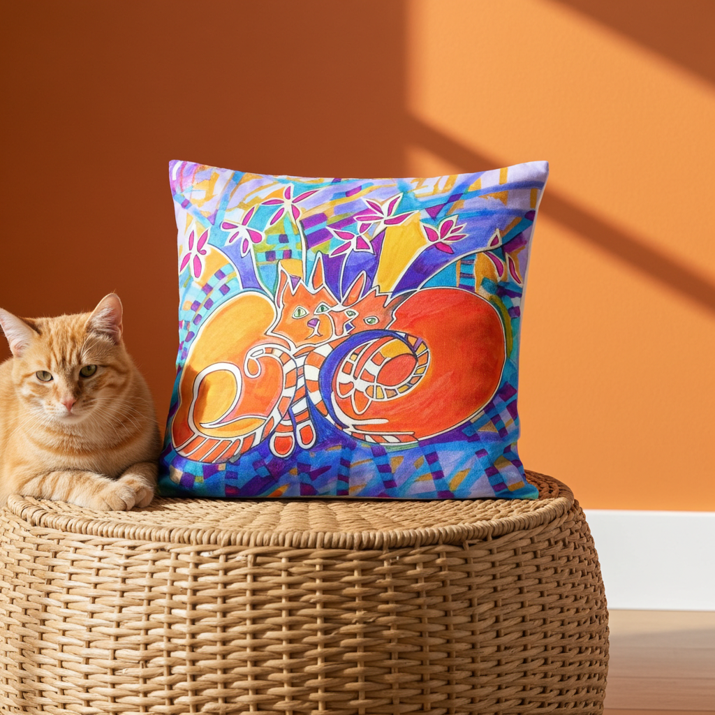 Duplex Cats Pillow with colorful cat artwork by Joy Calonico displayed on a wicker stool next to an orange cat against an orange wall background
