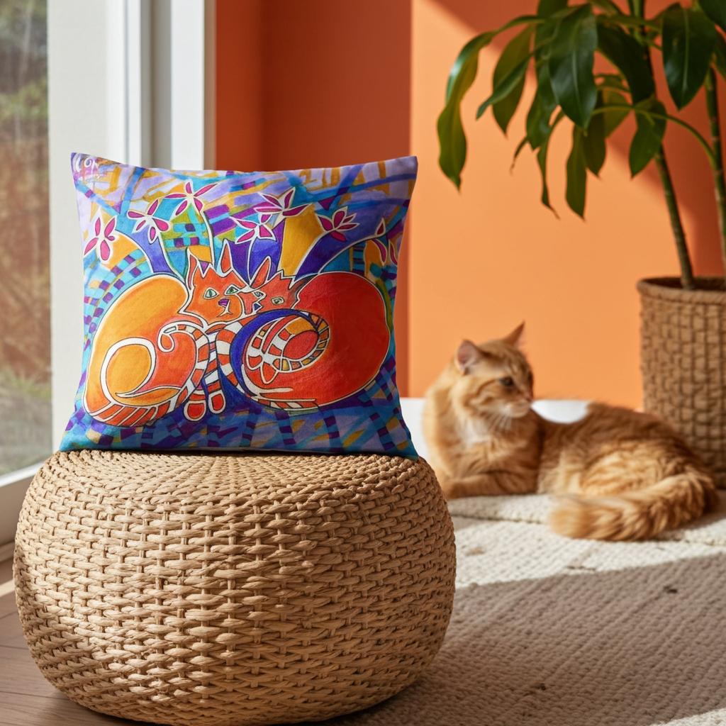 Duplex Cats Pillow featuring colorful cat artwork by Joy Calonico on soft polyester fabric with hidden zipper, ideal for home decor and naps.