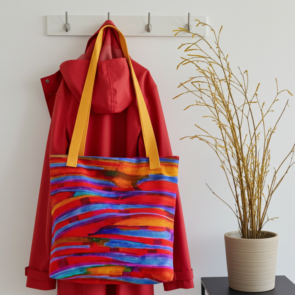 Gentle Slopes Abstract Tote bag with colorful abstract design and yellow handles hanging on a red coat hook indoors