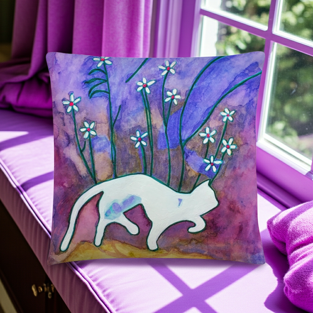 Sneaky Cat Pillow with white cat and floral artwork by Joy Calonico on purple background, soft polyester pillowcase, machine washable, accent decor pillow.