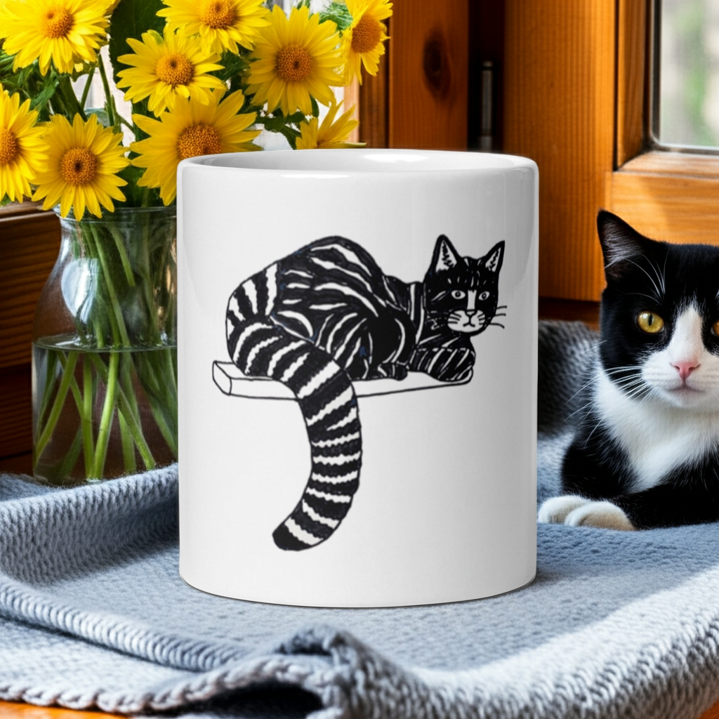 White ceramic striped cat mug with black cat illustration sitting on a ledge next to a real black and white cat and yellow flowers