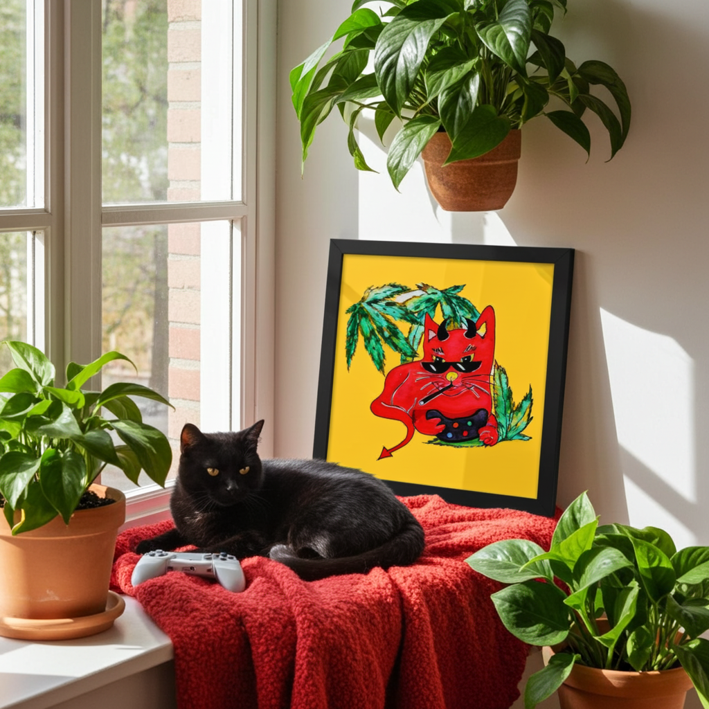 Cool Devil Gamer Cat Framed Poster 12x12