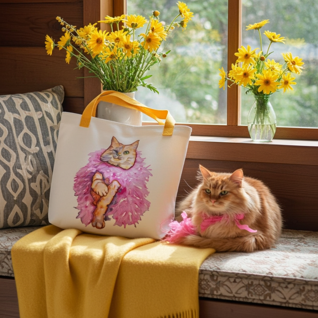 Boa Cat Wink Tote bag with colorful cat artwork, yellow handles, and spacious design placed on a cozy window seat.