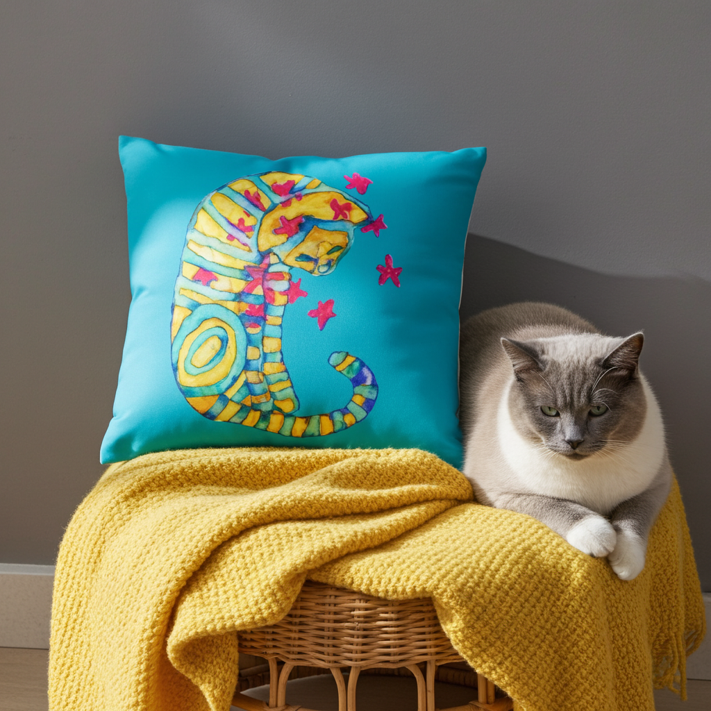 Dreamer Cat Pillow with colorful cat artwork on blue cover next to a gray and white cat on a yellow blanket
