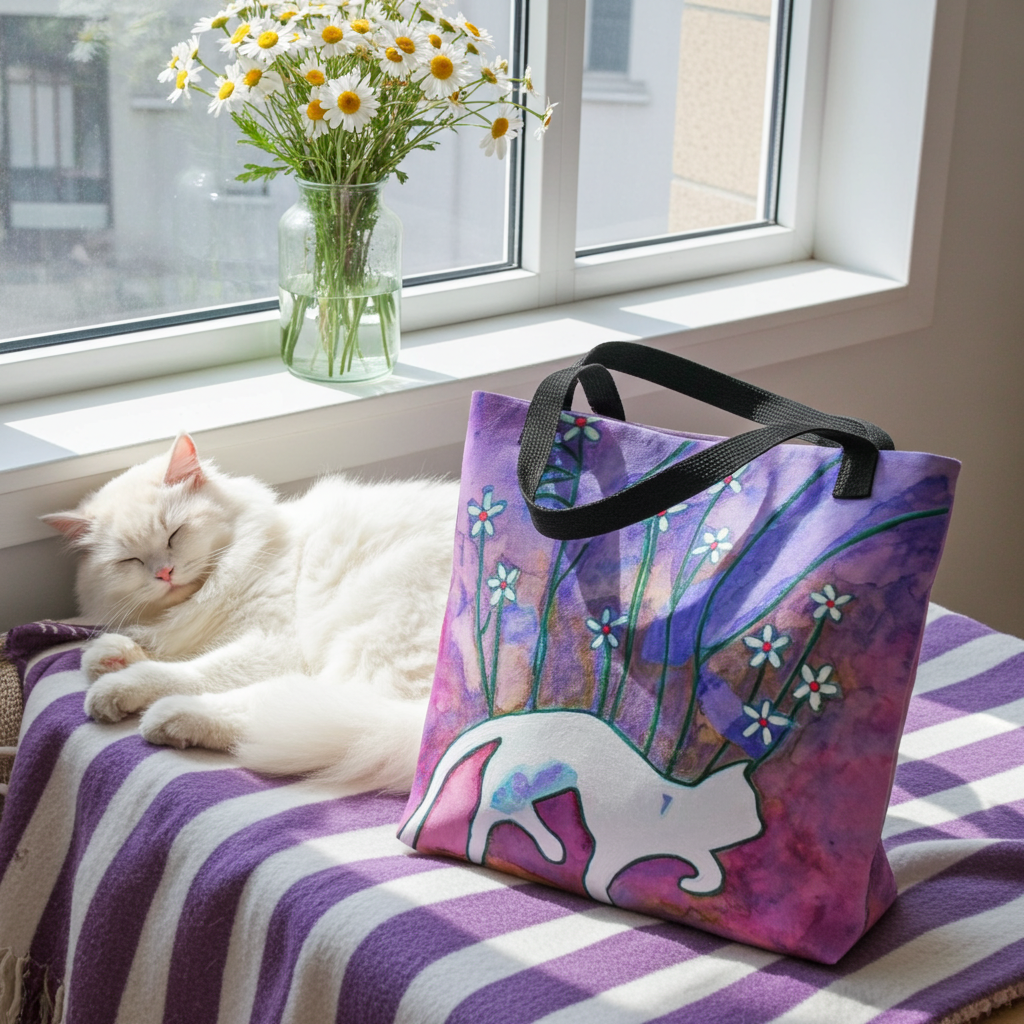 Sneaky Cat Tote Bag with white cat and floral design on purple background, black handles, displayed next to a sleeping white cat on a striped blanket by a window with daisies in a vase.
