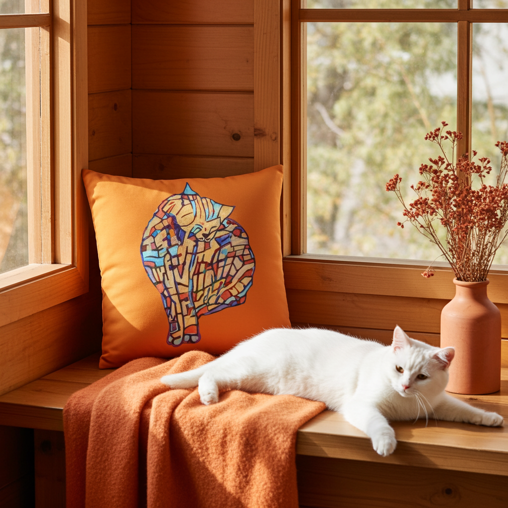 Sitting Pretty Cat Pillow with colorful cat artwork on orange fabric in cozy wooden window nook