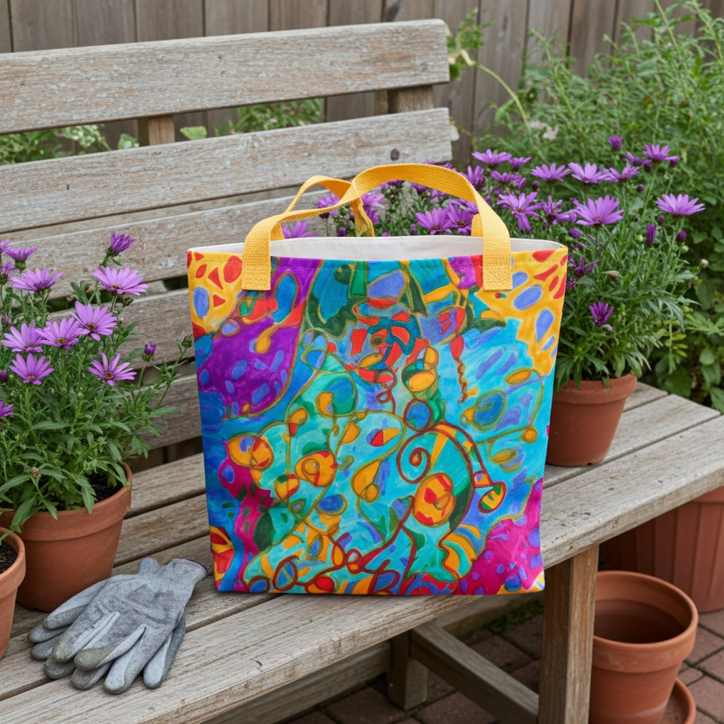 Colorful Curled Up Abstract Tote bag with yellow handles on wooden bench surrounded by purple flowers