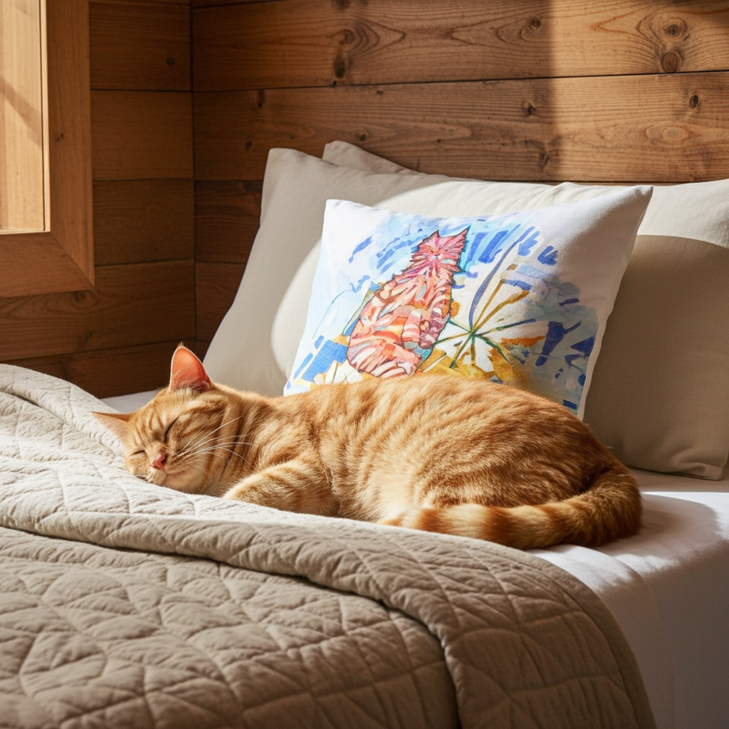 Garden Cat Pillow with colorful cat artwork on bed featuring a sleeping orange tabby cat