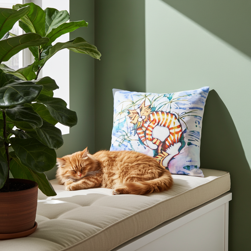 Orange Tabby Cat Pillow with colorful artwork featuring an orange tabby cat, machine-washable polyester case and shape-retaining insert, perfect for home decor and comfort
