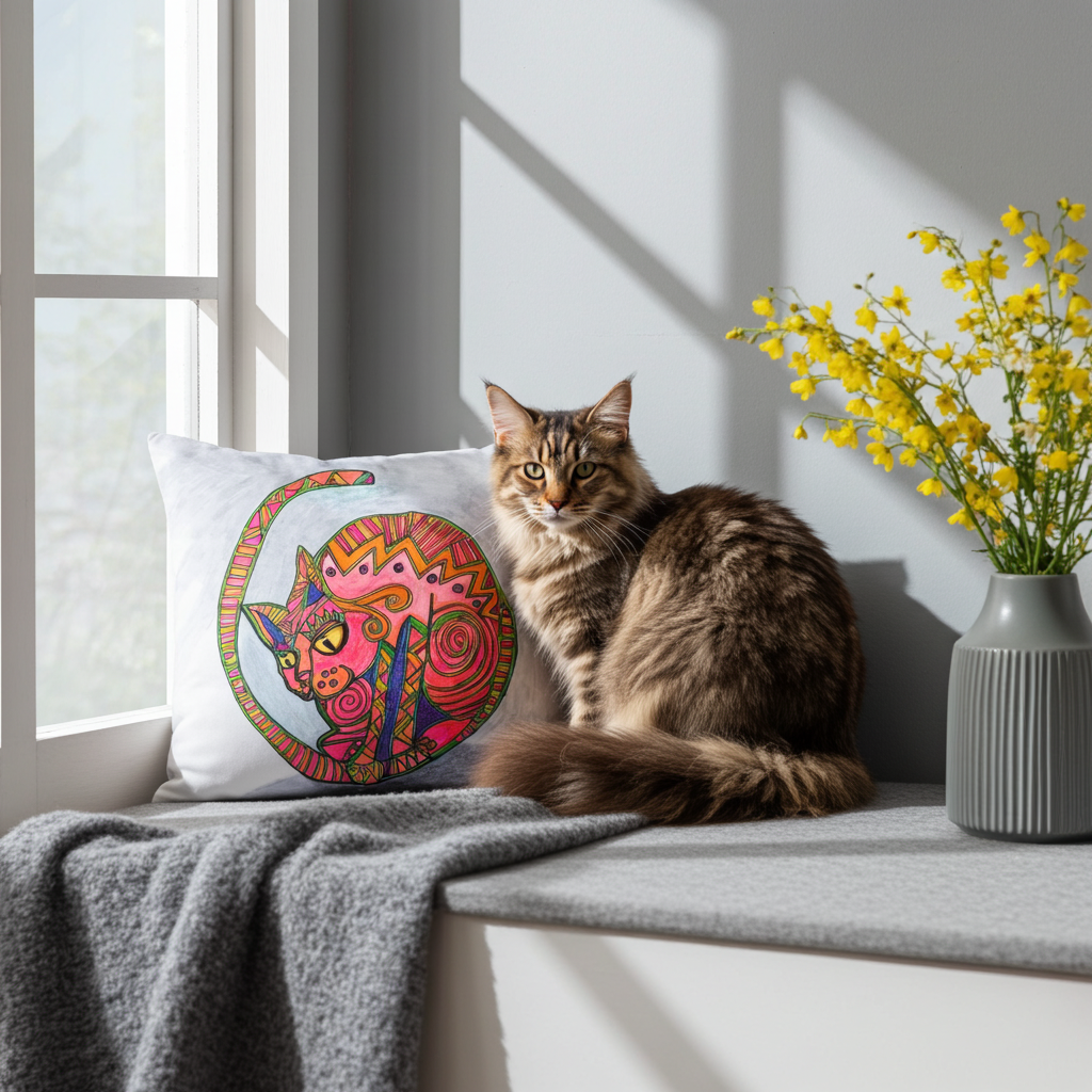 Cat shadow pillow with colorful cat artwork by Joy Calonico beside a real tabby cat on a sunny window bench
