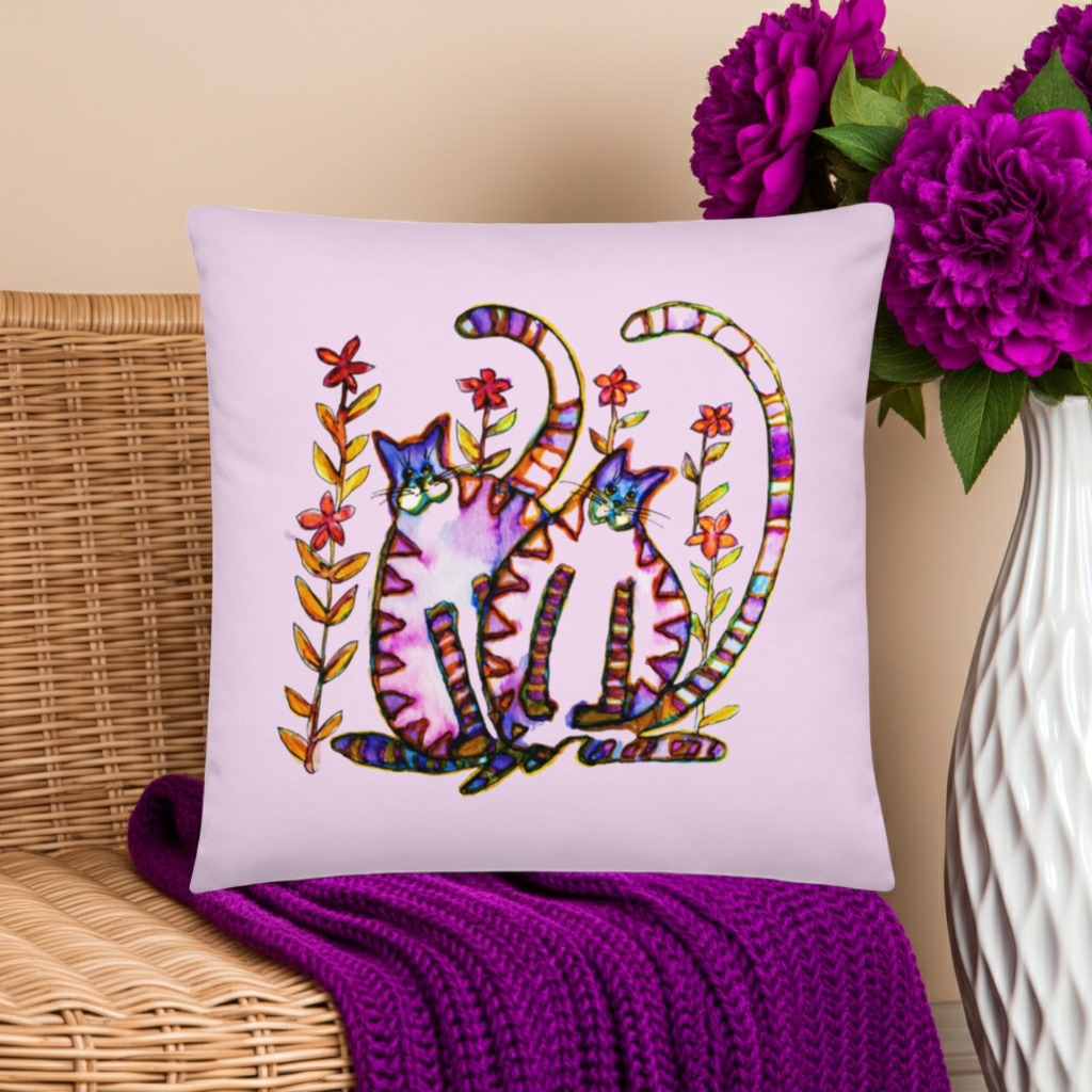 Two Cats Pink Pillow with colorful cat artwork by Joy Calonico on soft polyester cushion