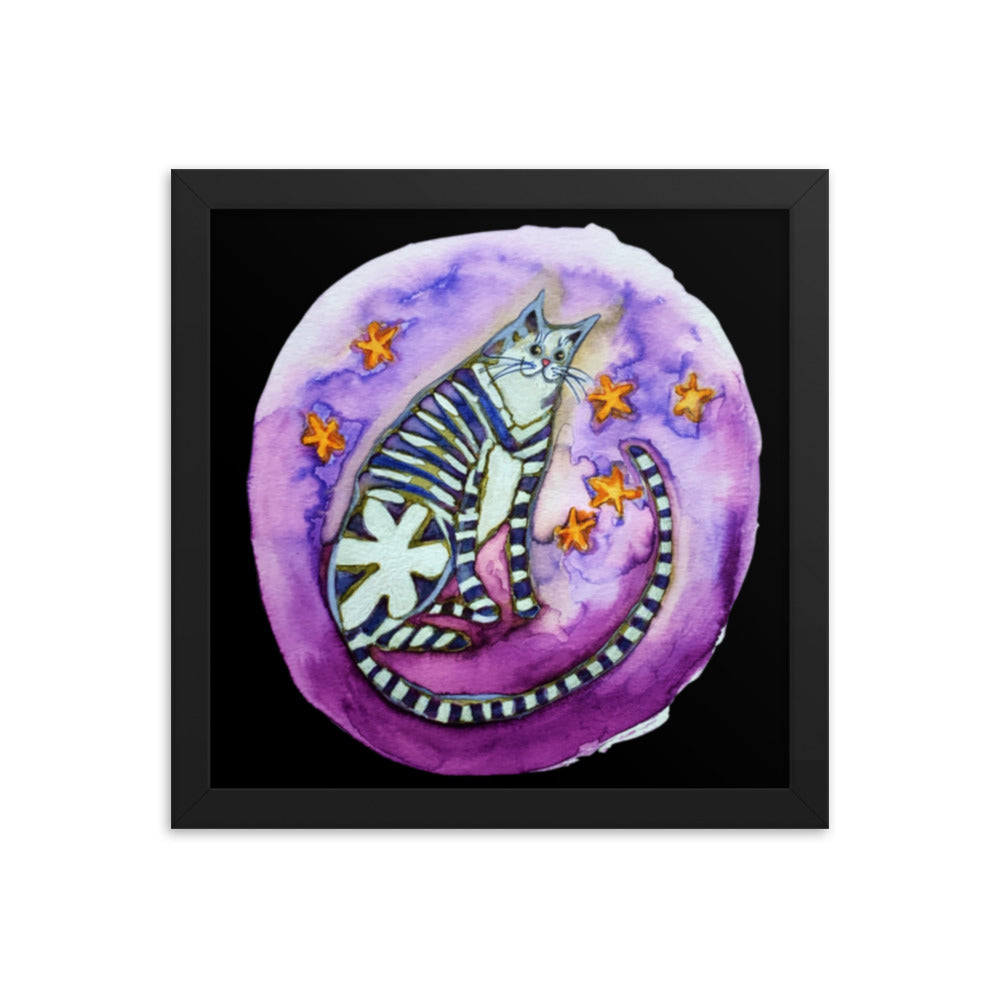 Purple Moon Cat Framed Poster 12x12