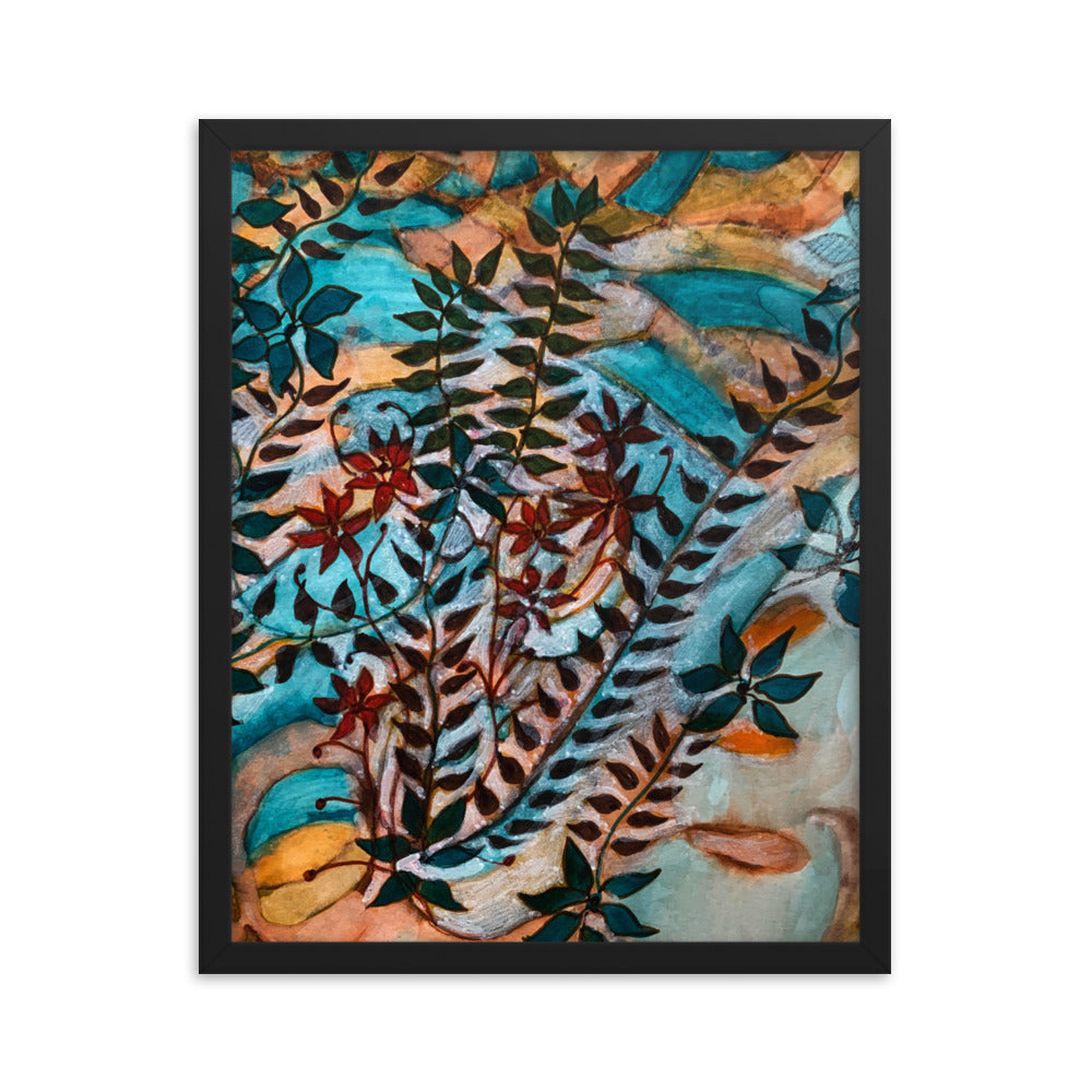 Teal Leaves Abstract Framed Poster