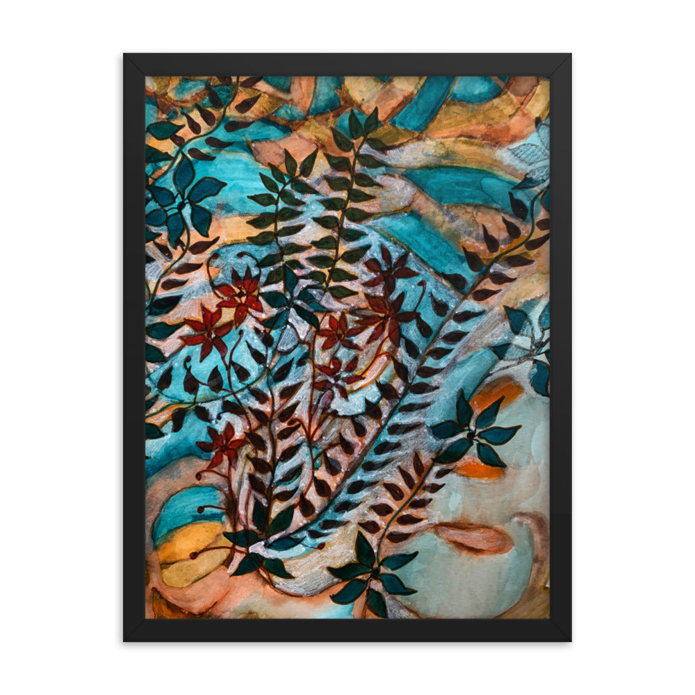 Teal Leaves Abstract Framed Poster