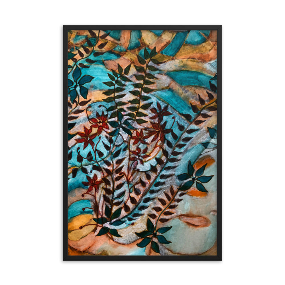 Teal Leaves Abstract Framed Poster