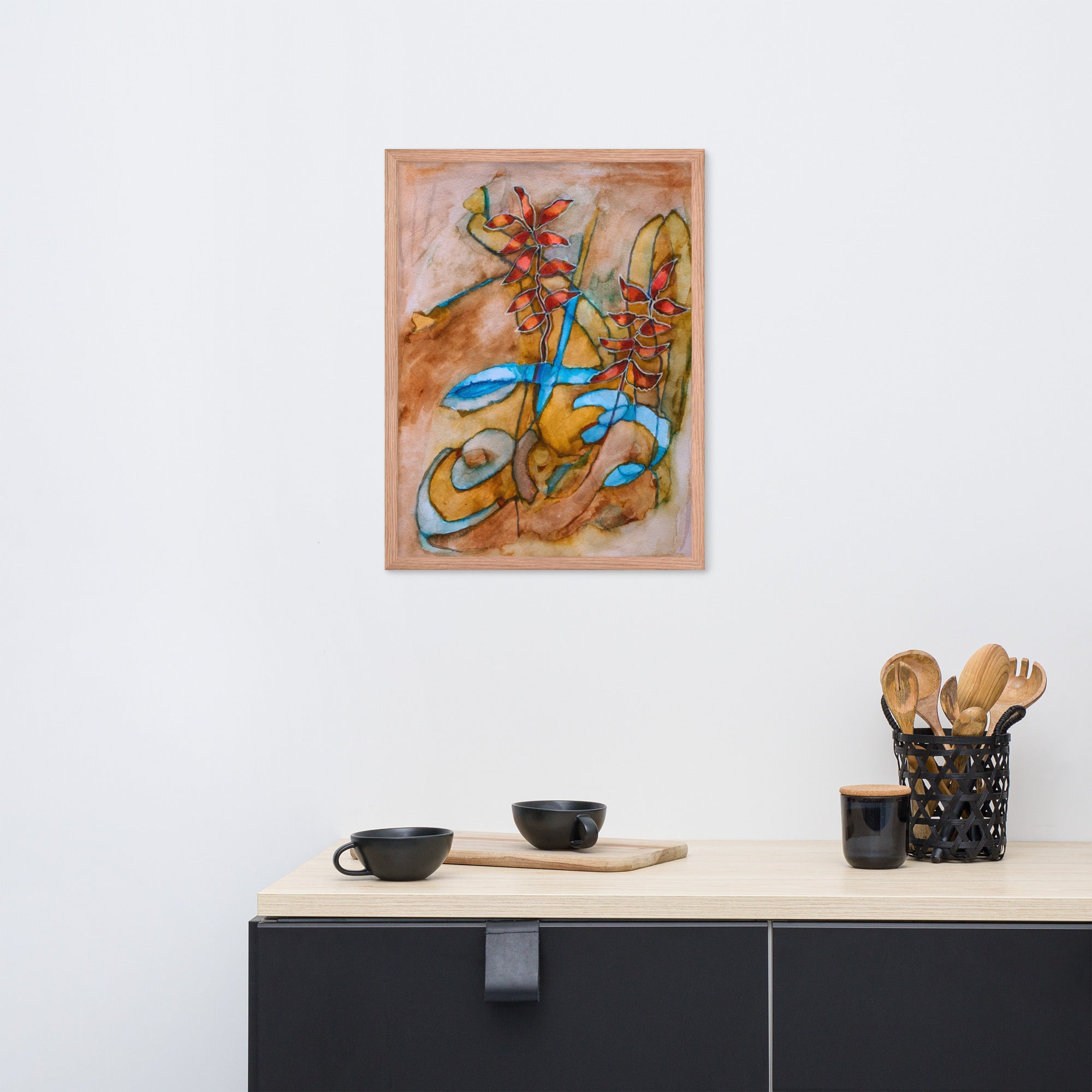 Teal Ribbon Leaves Abstract Framed Poster