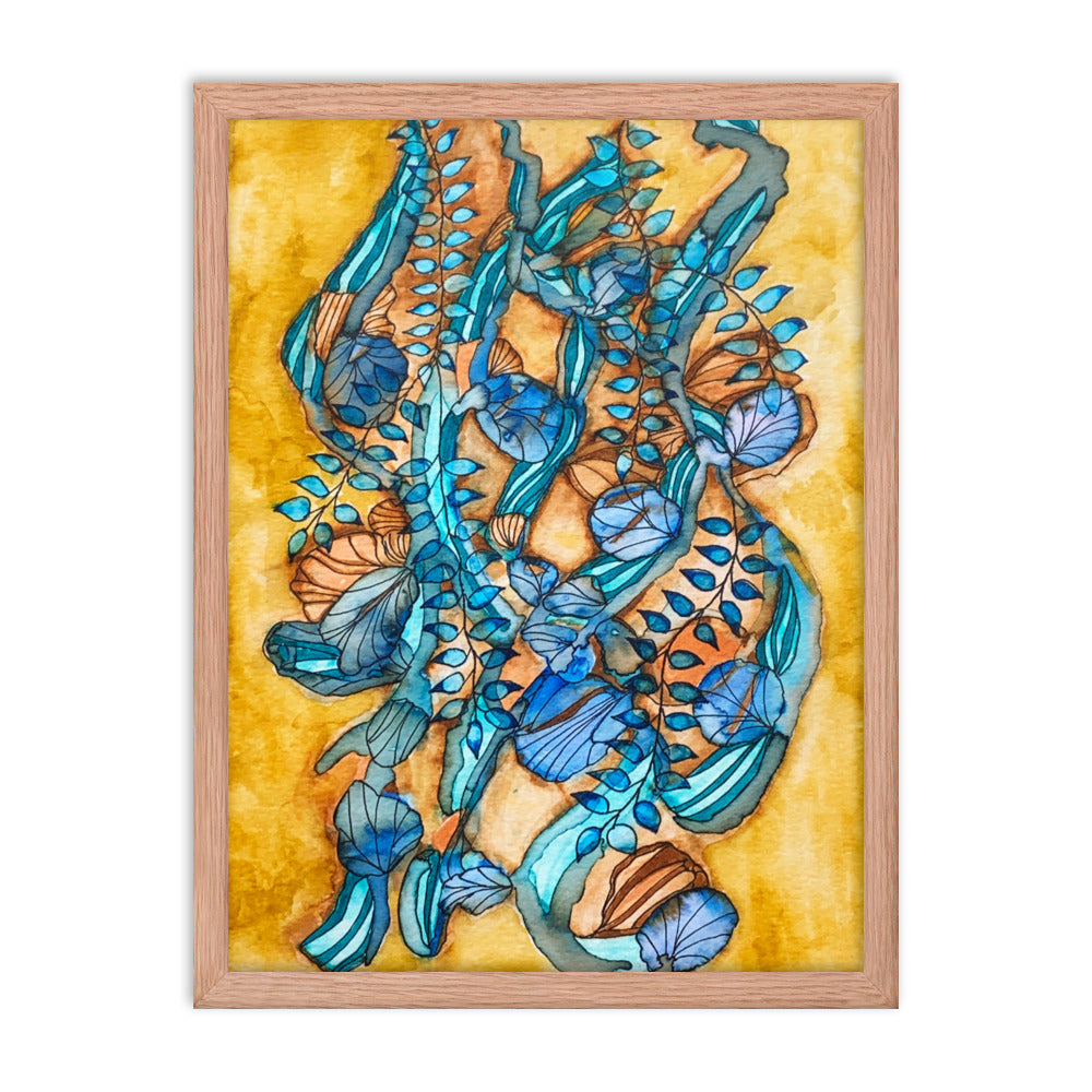 Teal Golden Leaves Abstract Framed poster